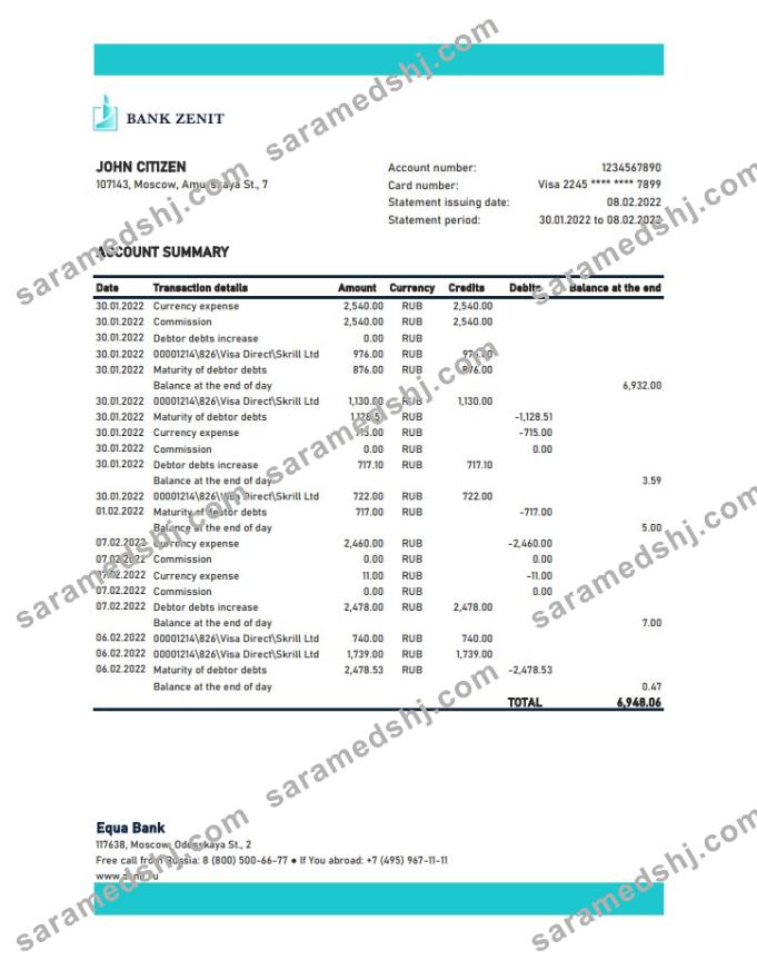 Russia Zenit Bank statement xls